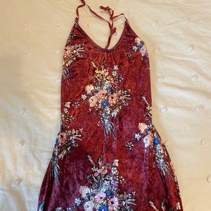Velvet Burgundy Dress with Floral Detail